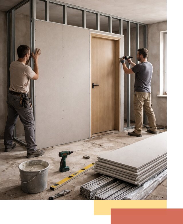 Перегородка из гипсокартона с дверью под ключ в Усинске