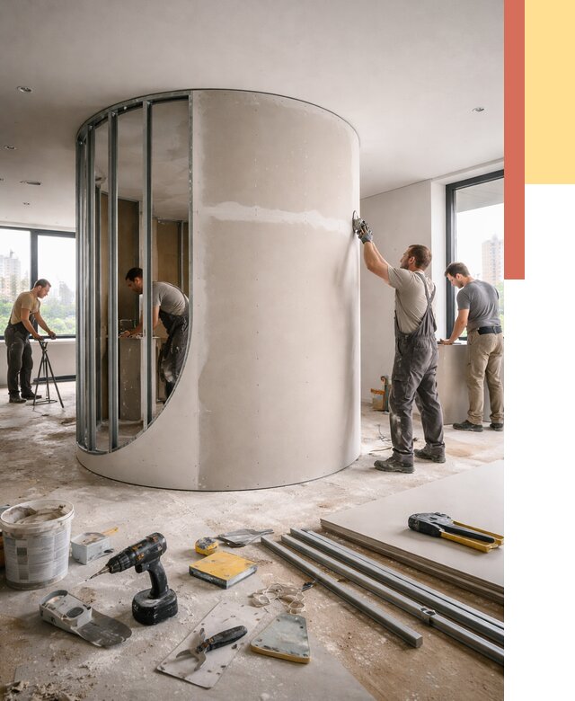 Радиусная перегородка из гипсокартона в Усинске от 2969 руб. под ключ | ОТДЕЛОЧНИК-Снс