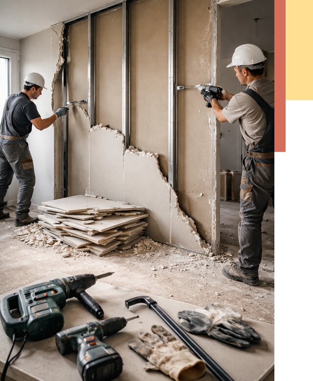 Демонтаж перегородки из гипсокартона в Усинске от 1229 руб. быстро и недорого | ОТДЕЛОЧНИК-Снс