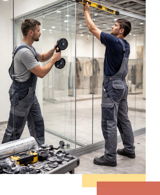 Стеклянные перегородки для магазинов в Усинске — монтаж и установка