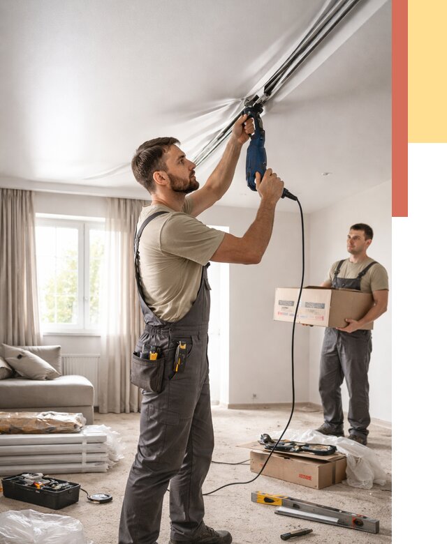 Монтаж сатинового натяжного потолка в Усинске от 3583 руб. | Быстро, недорого — ОТДЕЛОЧНИК-Снс