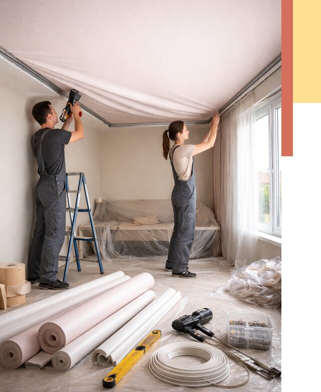 Монтаж цветного натяжного потолка в Усинске от 4300 руб/м² — быстро и недорого | ОТДЕЛОЧНИК-Снс