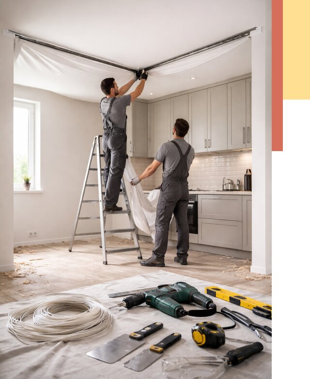 Установка натяжного потолка на кухне в Усинске от 2457 руб. | ОТДЕЛОЧНИК-Снс