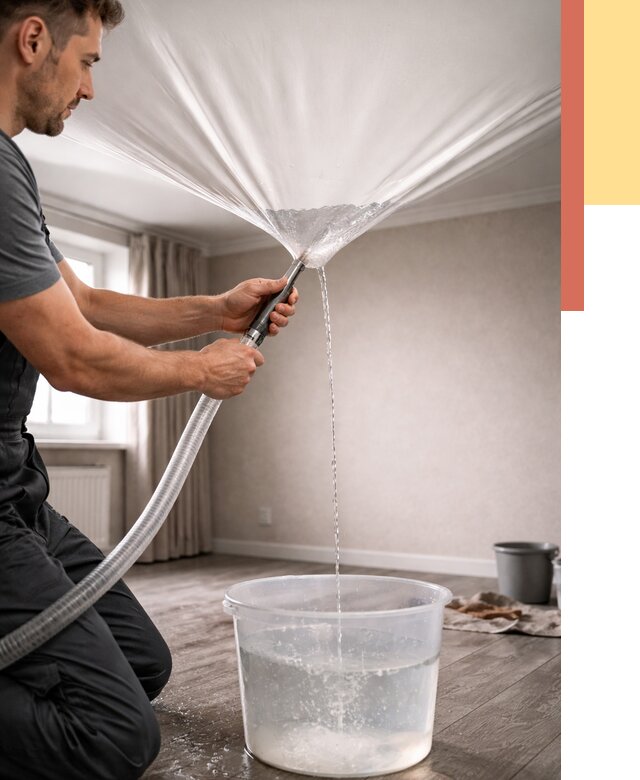 Слив воды с натяжного потолка в Усинске от 2560 руб. быстро и недорого | ОТДЕЛОЧНИК-Снс