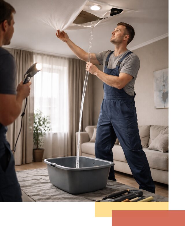 Слив воды с натяжного потолка в Усинске быстро и аккуратно