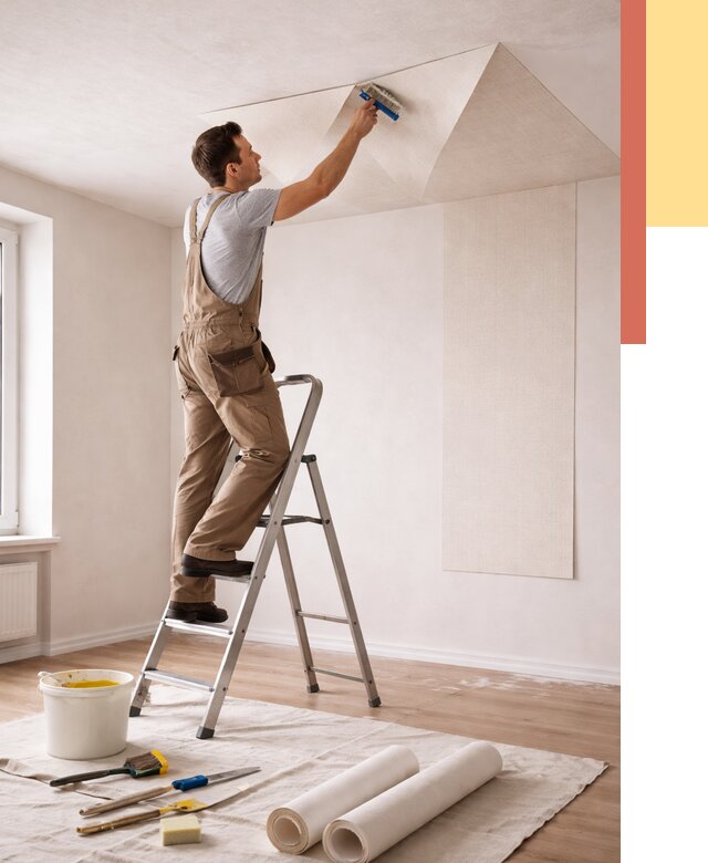 Поклейка обоев на потолок в Усинске от 4607 руб. быстро и недорого | ОТДЕЛОЧНИК-Снс